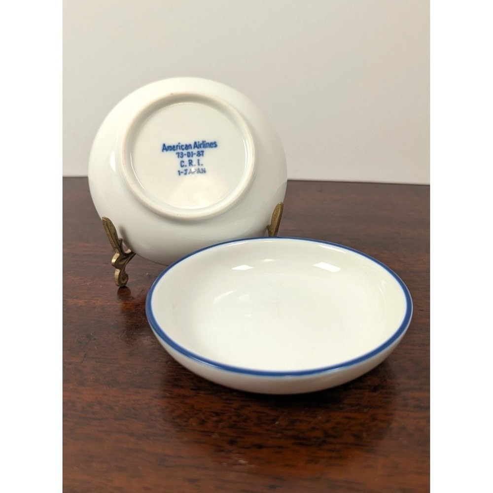 Vintage American Airlines Porcelain Condiment Bowls Blue Rim Japan Pair 73-D1-27